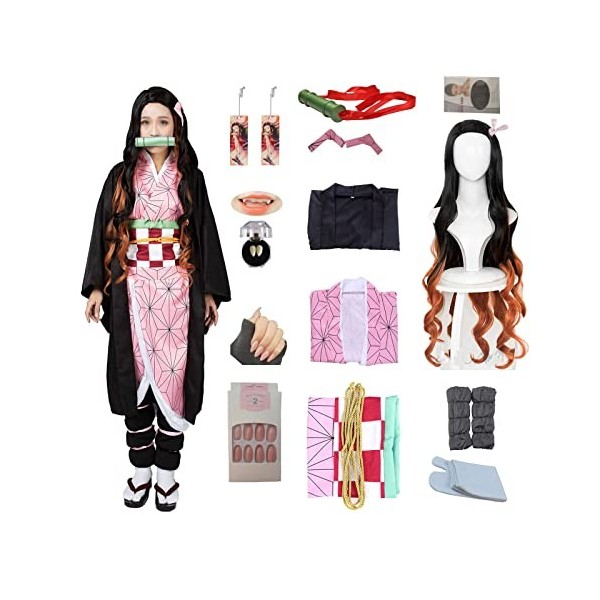 Dreamitpossible Costume de cosplay Anime Demon slayer avec dents, pointes dongles, boucles doreilles et perruque Kamado Nez