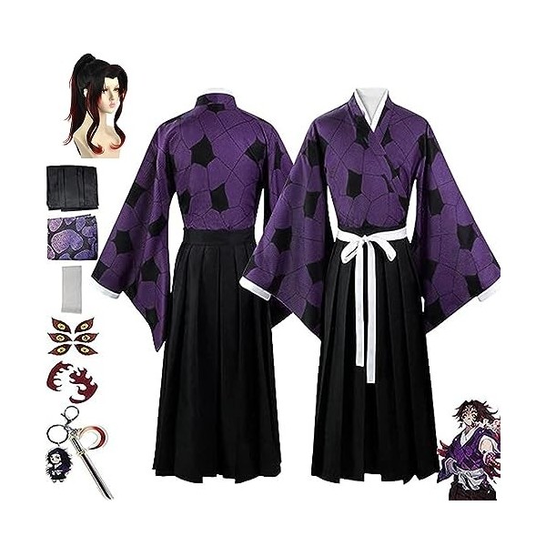 Anime Demon Slayer Kokushibou Cosplay Kimono Tenue avec Perruque, Kimetsu No Yaiba Cape Tatouage Autocollants Porte-clés Ense