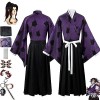 Anime Demon Slayer Kokushibou Cosplay Kimono Tenue avec Perruque, Kimetsu No Yaiba Cape Tatouage Autocollants Porte-clés Ense