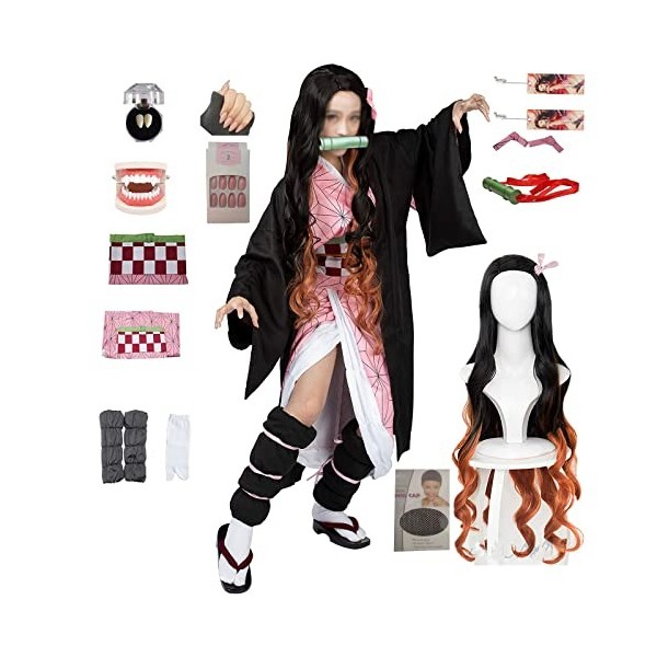 Dreamitpossible Kimono japonais Demon Slayer Nezuko - Pour cosplay - Avec perruques et filet à cheveux - 120 cm