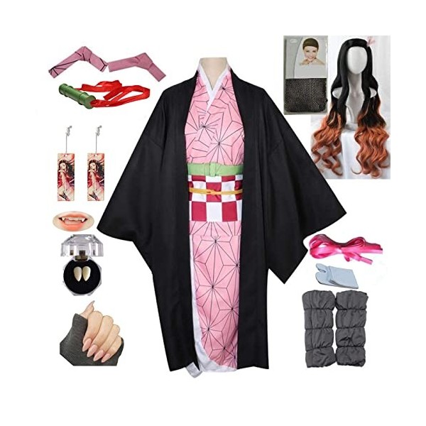 Dreamitpossible Nezuko Costume kimono japonais Demon Slayer pour cosplay, avec perruques et filet à cheveux, perruques et pro