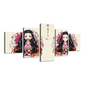 SINGLEAART Modulaire Impressions sur Toile, 5 Tableau Peinture, Nezuko, Demon Slayer, 150×80 cm avec Cadre, pour Chambre de F