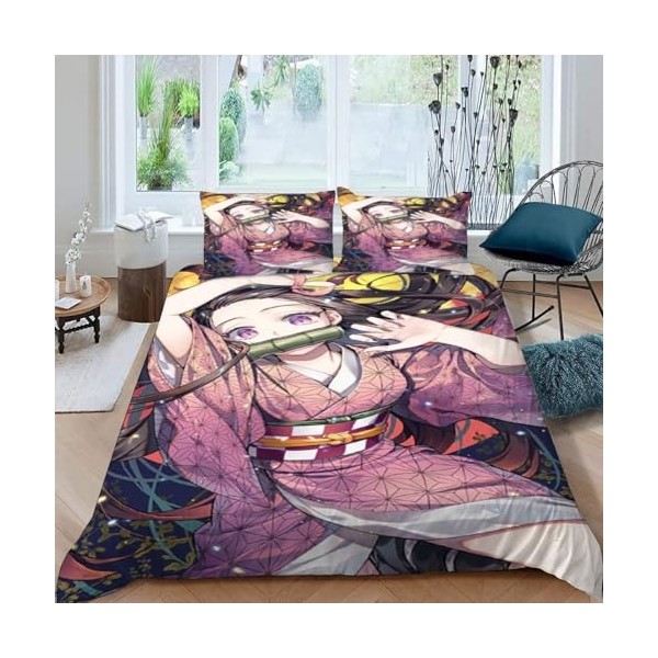 Demon Slayer Housse de Couette 240 X 260 cm - Parure de Lit Adulte 2 Personnes avec Fermeture Éclair Sets de Housse Couette e