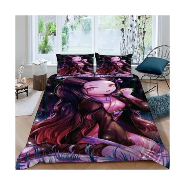 Demon Slayer Housse de Couette 240 X 260 cm - Parure de Lit Adulte 2 Personnes avec Fermeture Éclair Sets de Housse Couette e