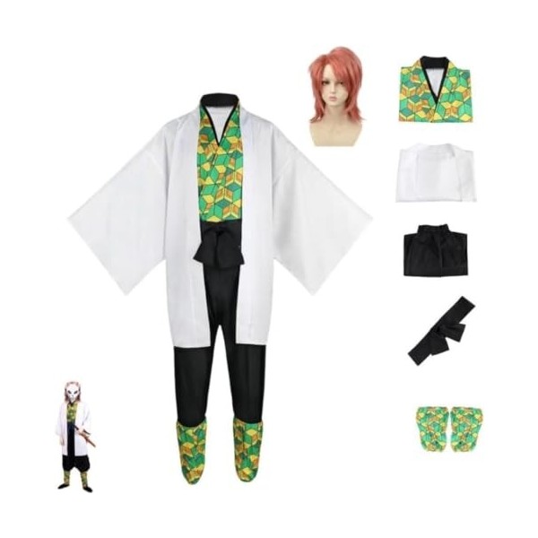 MIGUOO Anime Demon Slayer Sabito Cosplay Costume Halloween Party Kimono Uniforme Complet Perruque Full Set,XS 