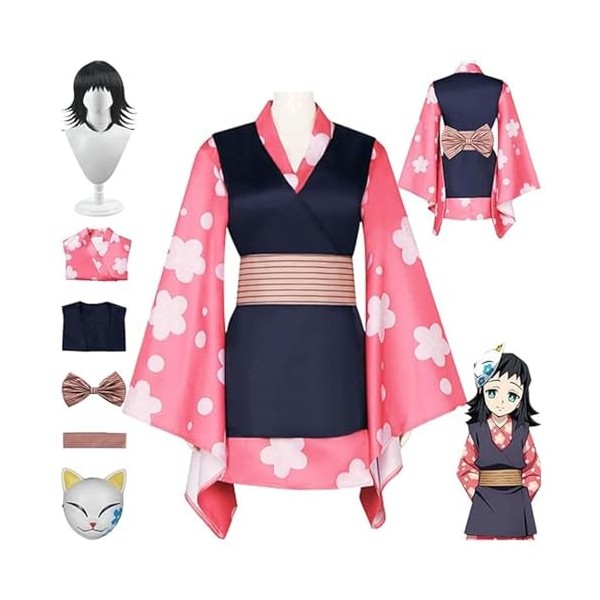 Masque de Perruque Kimono Kanroji Mitsuri, Anime Demon Slayer, Ensemble Complet, Uniforme de Carnaval de fête dhalloween, Co