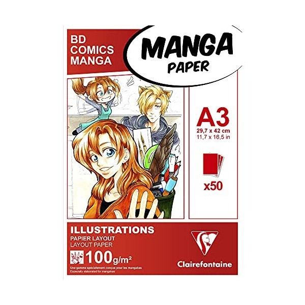 Clairefontaine 94042C Bloc Encollé Papier Manga et Illustration - 50 Feuilles Papier Dessin Blanc Extra Lisse A4 21x29,7 cm 1