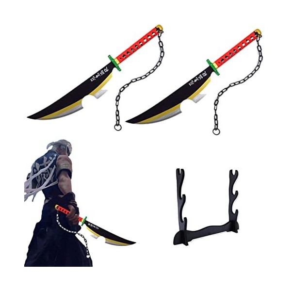 2pcs Anime Samurai Epée Demon Slayer avec Porte-Couteau À 3 Niveaux,Uzui Tengen Anime Samouraï Epée Bois Katana Épée Prop Dem