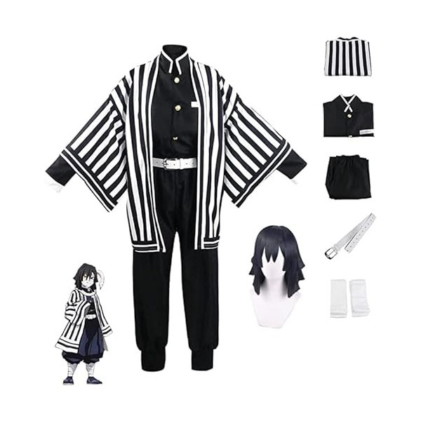 Rcrllya Anime Démon Slayer Cosplay Costume pour Iguro Obanai Tenue Fête Dhalloween Kimono Rayure Uniforme avec Perruque Oba