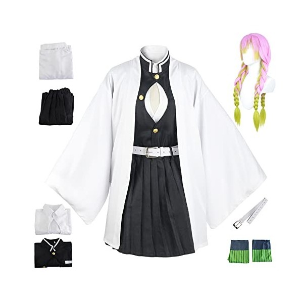 YEAJION Kanroji Mitsuri Cosplay Costume Complet avec Perruque Demon Slayer Anime Cosplay Costume Kimono Halloween Carnaval Fê