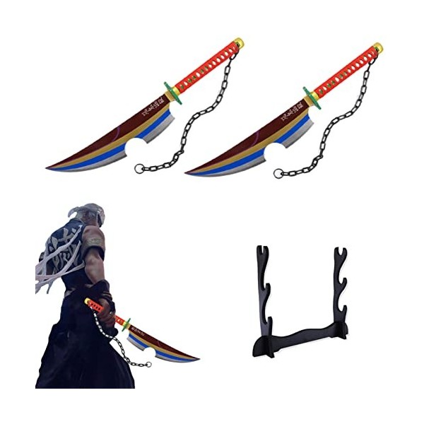 2pcs Anime Samurai Epée Demon Slayer avec Porte-Couteau À 3 Niveaux,Uzui Tengen Anime Samouraï Epée Bois Katana Épée Prop Dem