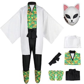YEAJION Sabito Cosplay Costume Complet avec Masques et Perruque Anime Demon Slayer Sabito Cosplay Costume Kimetsu no Yaiba Ki