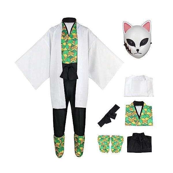 YEAJION Sabito Cosplay Costume Complet avec Masques et Perruque Anime Demon Slayer Sabito Cosplay Costume Kimetsu no Yaiba Ki