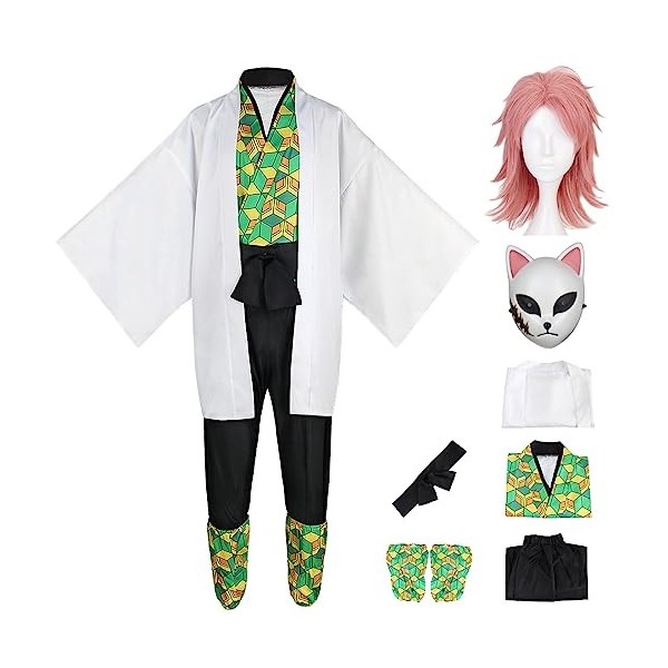 YEAJION Sabito Cosplay Costume Complet avec Masques et Perruque Anime Demon Slayer Sabito Cosplay Costume Kimetsu no Yaiba Ki