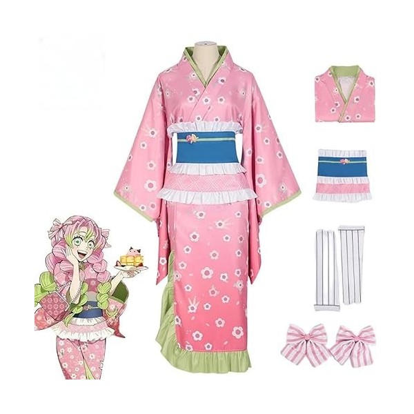 Anime Demon Slayer Kanroji Mitsuri Cosplay Kimono Tenue, Kimetsu No Yaiba Chapeaux Ceinture Cape Manteau Ensemble Complet Hal