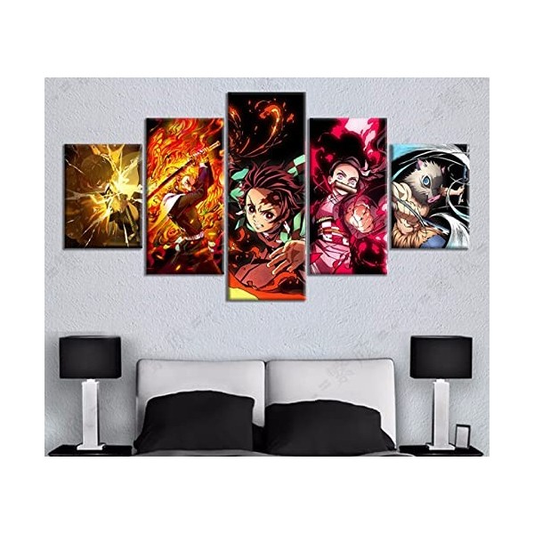 SINGLEAART Impressions sur Toile,5 Tableau Peinture,Chambre Décoration Maison Abstrait 150×80Cm avec Cadre Démon Slayer Kimet