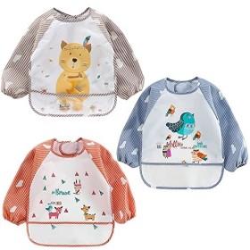 Awinker 3 Bavoir Manches Longues Bebe Imperméable Tablier Bebe pour Manger Bavoir Tablier Bébé orange vert brun 