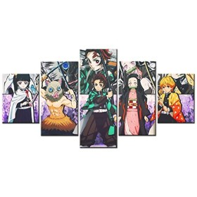 VEYEBZ Peinture sur Toile 5 Pièces Art Mural Affiche DAnime,Slayer Demon,Kamado Nezuko,Tanjirou 5 Panneaux Impression sur To