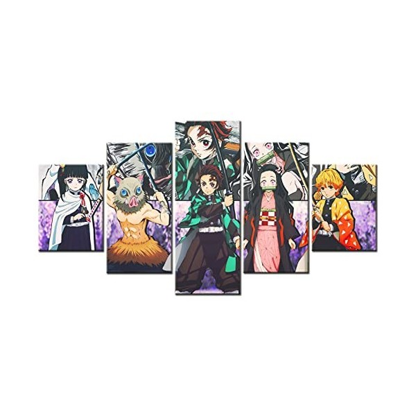 VEYEBZ Peinture sur Toile 5 Pièces Art Mural Affiche DAnime,Slayer Demon,Kamado Nezuko,Tanjirou 5 Panneaux Impression sur To