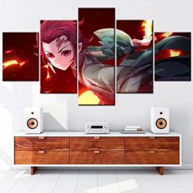 VEYEBZ Peinture sur Toile 5 Pièces Art Mural Kamado Tanjirou,Demon Slayer 5 Panneaux Impression sur Toile 150×80cm Avec Cadre