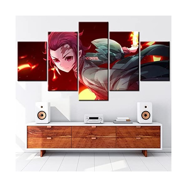 VEYEBZ Peinture sur Toile 5 Pièces Art Mural Kamado Tanjirou,Demon Slayer 5 Panneaux Impression sur Toile 150×80cm Avec Cadre