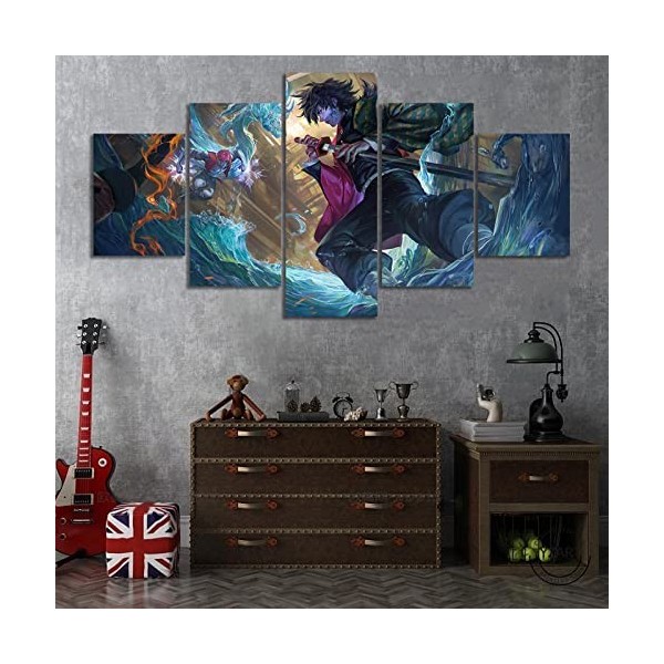 VEYEBZ Peinture sur Toile 5 Pièces Art Mural Giyuu Tomioka,Slayer Demon Anime 5 Panneaux Impression sur Toile 150×80cm Avec C