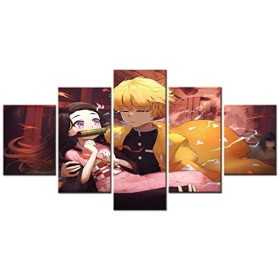 VEYEBZ Peinture sur Toile 5 Pièces Art Mural Demon Slayer,Kamado Nezuko,Agatsuma Zenitsu 5 Panneaux Impression sur Toile 150×