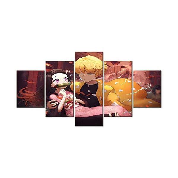 VEYEBZ Peinture sur Toile 5 Pièces Art Mural Demon Slayer,Kamado Nezuko,Agatsuma Zenitsu 5 Panneaux Impression sur Toile 150×