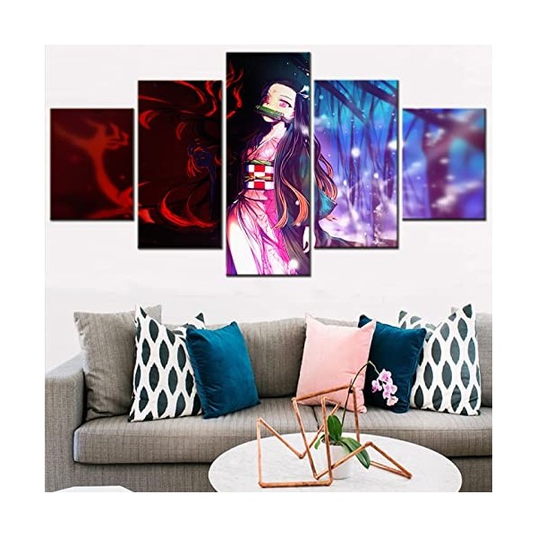 VEYEBZ Peinture sur Toile 5 Pièces Art Mural Affiche DAnime,Slayer Demon,Kamado Nezuko 5 Panneaux Impression sur Toile 150×8