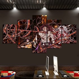 VEYEBZ Peinture sur Toile 5 Pièces Art Mural Nakime,Kokushibo,Demon Slayer 5 Panneaux Impression sur Toile 150×80cm avec Cadr