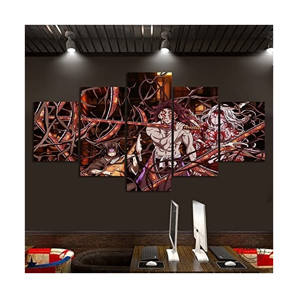 VEYEBZ Peinture sur Toile 5 Pièces Art Mural Nakime,Kokushibo,Demon Slayer 5 Panneaux Impression sur Toile 150×80cm avec Cadr