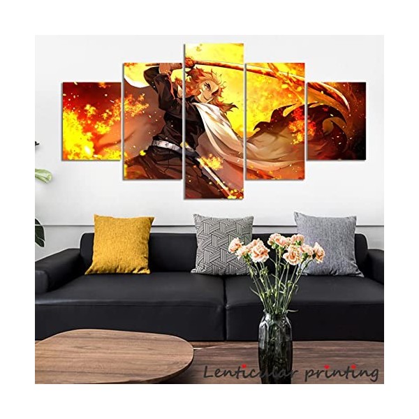 VEYEBZ Peinture sur Toile 5 Pièces Art Mural Rengoku Kyoujurou,Demon Slayer Anime 5 Panneaux Impression sur Toile 150×80cm Av
