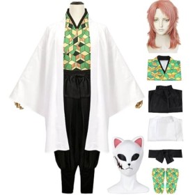 Costume de cosplay Demon Slayer Sabito avec masque de perruque, uniformes danime Kimetsu no Yaiba, tenue de fête dHalloween