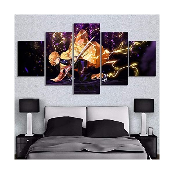 TONATO Impressions sur Toile,5 Pièces Anime Démon Slayer Agatsuma Zenitsu Chambre Art Modulaire Affiche Moderne Décoration To