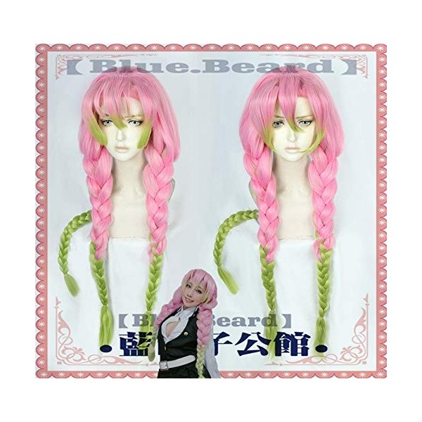 Demon Slayer Kanroji Mitsuri Cosplay perruque Kimetsu No Yaiba Costume Long rose mixte vert tresse partie postiche + casquett