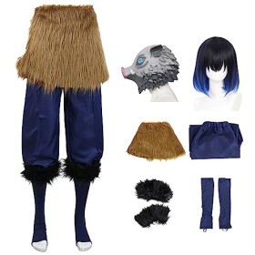 YEAJION Hashibira Inosuke Cosplay Costume avec Masques et Perruque Demon Slayer Anime Cosplay Costume Kimetsu no Yaiba Kimono