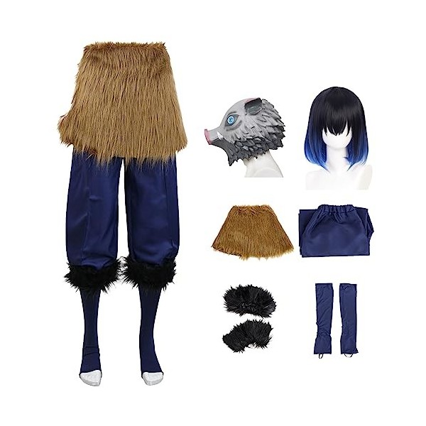 YEAJION Hashibira Inosuke Cosplay Costume avec Masques et Perruque Demon Slayer Anime Cosplay Costume Kimetsu no Yaiba Kimono