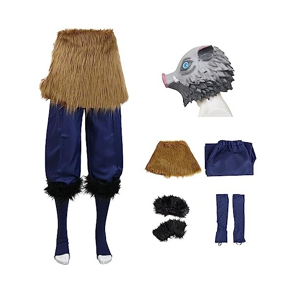 YEAJION Hashibira Inosuke Cosplay Costume avec Masques et Perruque Demon Slayer Anime Cosplay Costume Kimetsu no Yaiba Kimono