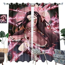 Wondi Rideaux à Oeillets avec Le Logo Dem.on Slayer, Rideau Thermique Isolant Anti Froid, Enfants Rideaux 2 Panneaux-Black||W