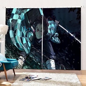 Rideau Occultant Thermiques Chambre, Dem.on Slayer Anime Rideaux, Anti Froid Rideau pour Chambre Moderne, 2 Panneaux-Multicol