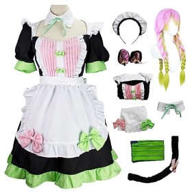 YEAJION Kanroji Mitsuri Cosplay Costume avec Perruque Mitsuri Maid Dress Demon Slayer Anime Cosplay Costume Kimetsu no Yaiba 