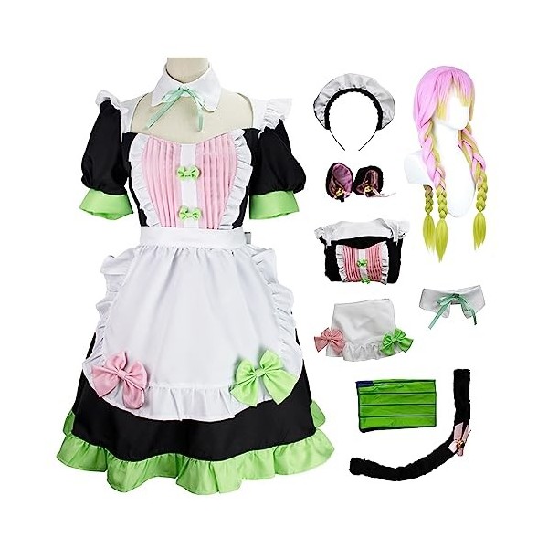 YEAJION Kanroji Mitsuri Cosplay Costume avec Perruque Mitsuri Maid Dress Demon Slayer Anime Cosplay Costume Kimetsu no Yaiba 