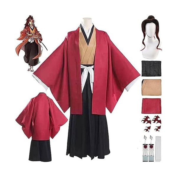 WOUND Costume de Cosplay Demon-Slayer,Personnages danime Tsugikuni Yoriichi Veste Manteau Tenues avec Perruque,Robe Kimono d