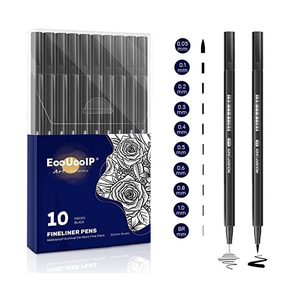 Stylos Noir a Pointe Fine, EooUooIP® 10 Feutres Dessin, Stylos Micro, Professionnel Artist Pen, Caligraphie Ecriture Kit, pou