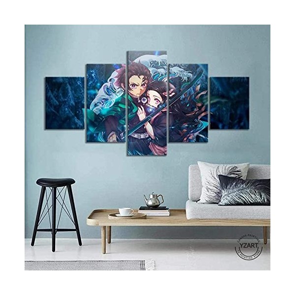 TANOHA Demon Slayer Anime 5 peintures murales 5 Panneau Toile décor Mural de Chambre à Coucher Salon Salon décor avec Cadre 