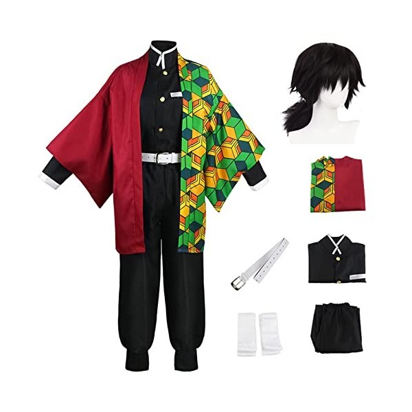 YEAJION Costume de Tomioka Giyuu avec Perruque et Accessoires Set Déguisement de Demon Slayer Anime Cosplay Costume Kimetsu n