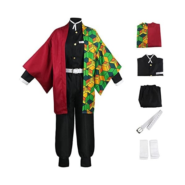 YEAJION Costume de Tomioka Giyuu avec Perruque et Accessoires Set Déguisement de Demon Slayer Anime Cosplay Costume Kimetsu n