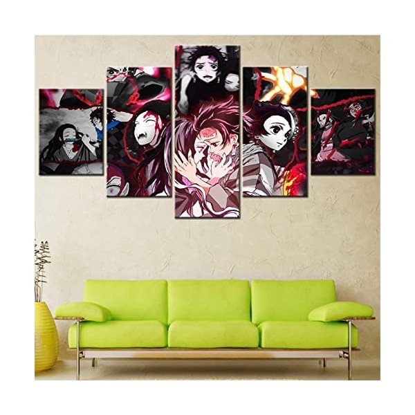 VEYEBZ 5 Pièces Encadrée Impressions sur Toile Peinture 150×80Cm Anime Demon Slayer, Tanjirou, Nezuko Art Mural Abstrait Modu