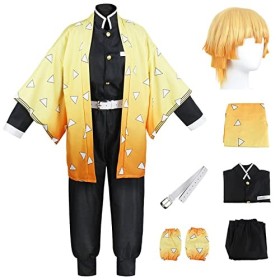 YEAJION Agatsuma Zenitsu Costume Set avec Perruque Demon Slayer Anime Cosplay Costume Kimetsu no Yaiba Kimono Déguisement de 