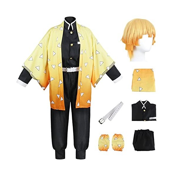 YEAJION Agatsuma Zenitsu Costume Set avec Perruque Demon Slayer Anime Cosplay Costume Kimetsu no Yaiba Kimono Déguisement de 